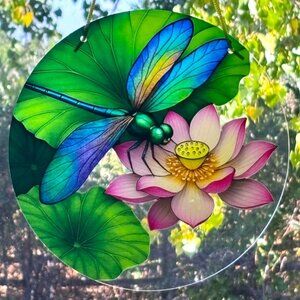 Vibrant Dragonfly on Pink Water Lotus Acrylic Window Hanging Sun Catcher New